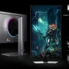 Mặt sau của Odyssey OLED G6 lộ diện. Bên cạnh, G6 đang ở chế độ xoay, hiển thị một robot tương lai trên màn hình. ㄸCác tùy chọn công thái học được liệt kê: HAS (chân đế có thể điều chỉnh độ cao), Nghiêng, Xoay chân đế và Xoay màn hình.