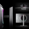 Odyssey OLED G6 được hiển thị từ nhiều góc độ khác nhau: từ bên cạnh, từ trên xuống và từ phía sau. Một vòng tròn đèn nhiều màu được nhìn thấy từ mọi góc độ.