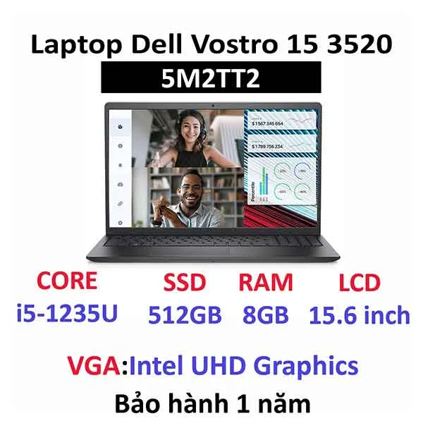 Laptop Dell Vostro 15 3520 5M2TT2 Intel Core i5-1235U | 8GB | 512GB | 15.6 inch FHD | Iris Xe Graphics | Windows 11 | Office | Xám